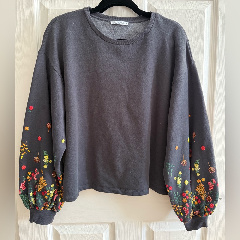 Zara Grey Fleece Sweater with floral detailed sleeves